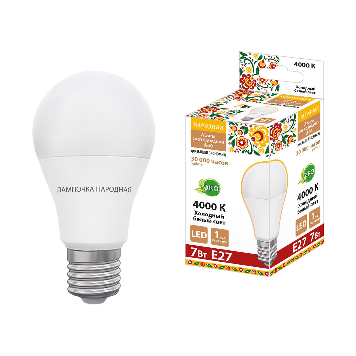 Лампа светодиодная a60 груша  7w 4000 к е27 холодн. свет (10/100) народная sq0340-1624