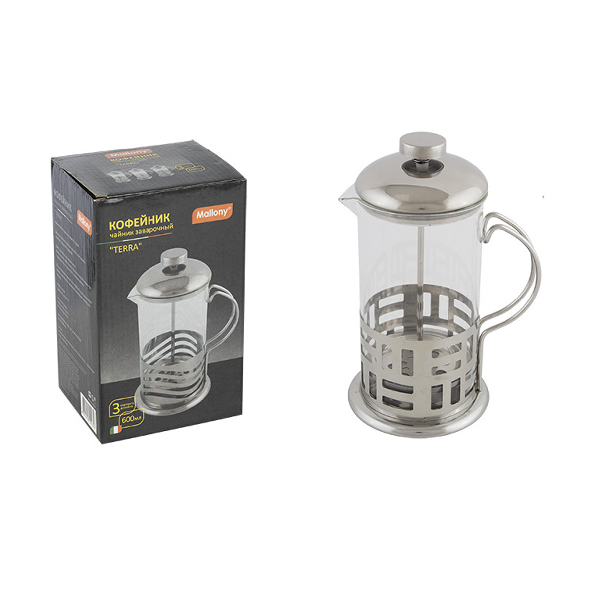Чайник-кофейник с прессом "terra" стекло 600 мл (1/12) "mallony"
