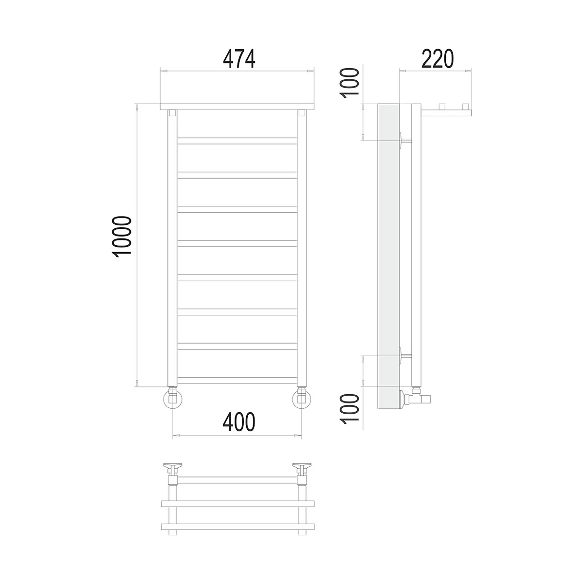 Полотенцесушитель водяной "контур" п9 400*1000 с перекладиной (хром) "terminus"