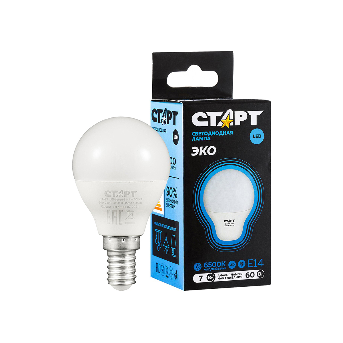 Лампа светодиодная "старт эко" шарик 7w 6500 к  e14, белый хол. свет (10/100)