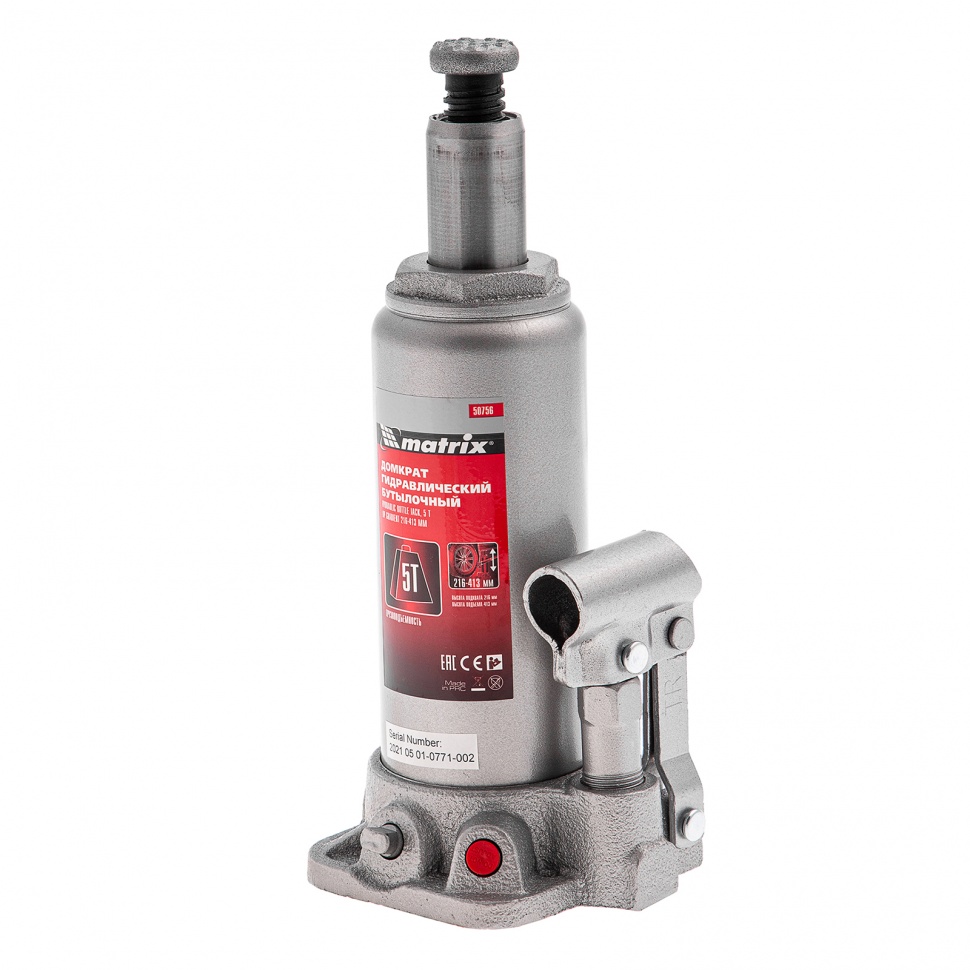 Домкрат гидравлический бутылочный, 5 т, высота подъема 216-413 мм, в пластиковый кейсе Matrix (50756)