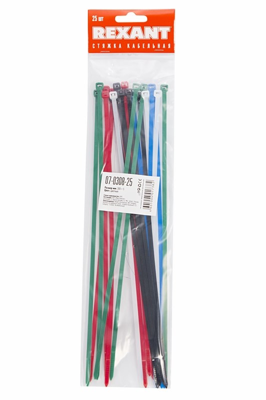 Хомуты нейлон 4,8 х 300 мм (набор 25 шт.), разноцветные (1/10/300) "rexant" 07-0308-25