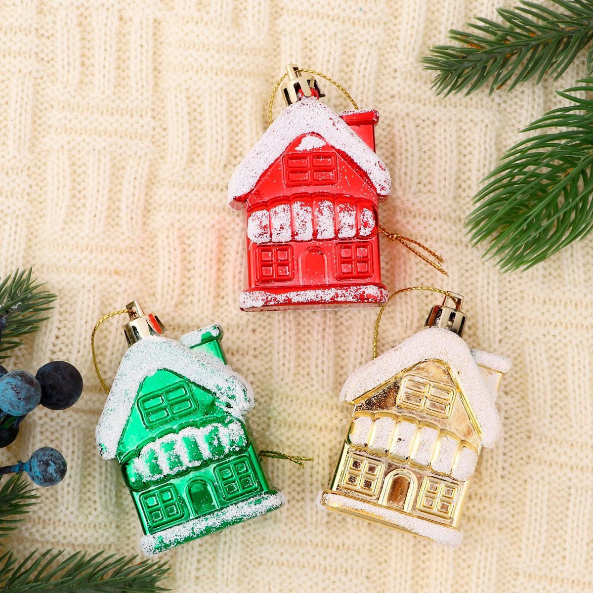 Украшение новогоднее "домик в снегу" (набор 3 шт.) 5,5*3,5 см, цвет микс "зимнее волшебство" 4192528