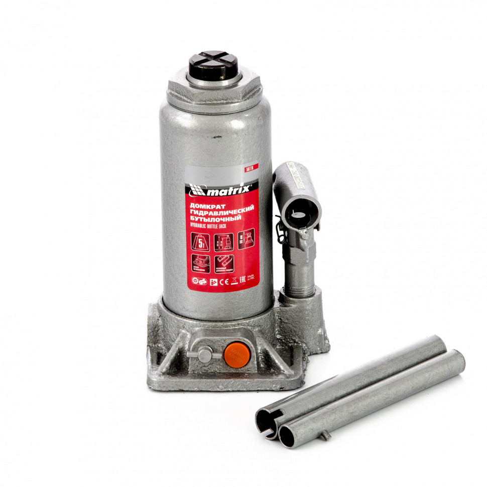 Домкрат гидравлический бутылочный, 5 т, h подъема 197-382 мм, в пластиковом кейсе Matrix (50776)