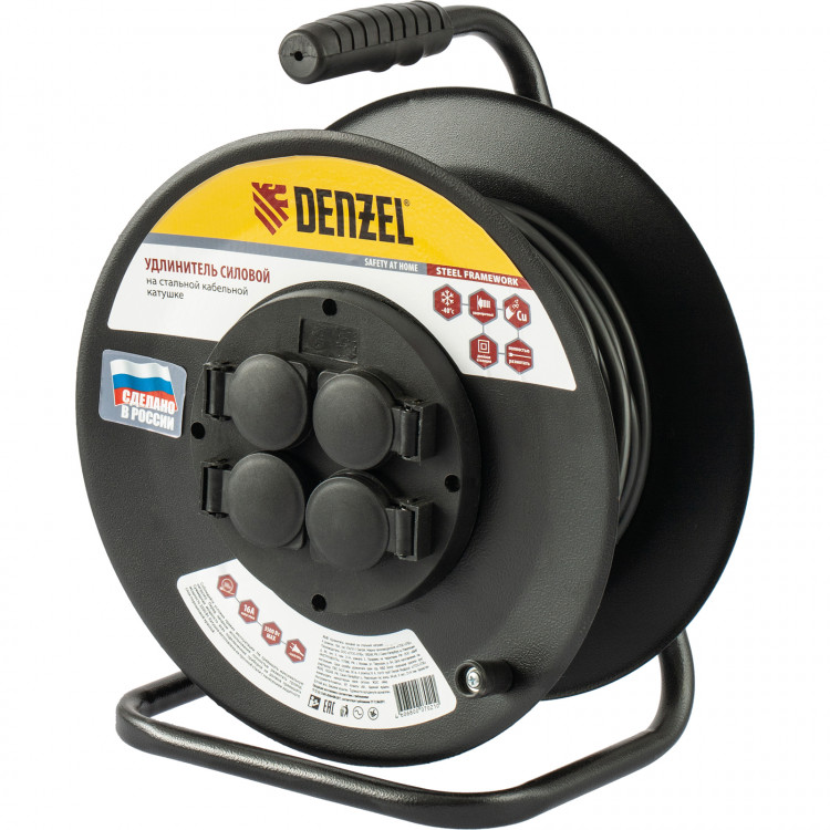 Удлинитель силовой на стальной катушке, ПВС 3 х 2.5 мм, 20 м, 4 розетки, 16 А, тип УХз-16 Denzel (95983)