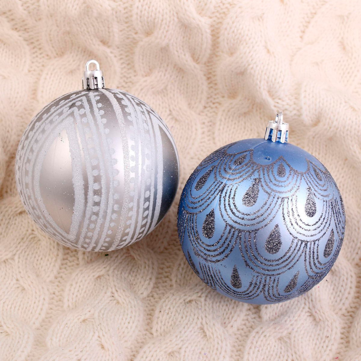 Шары новогодние d-8 см (набор 6 шт.) "загадочный узор" серебристый и сиреневый 4942025