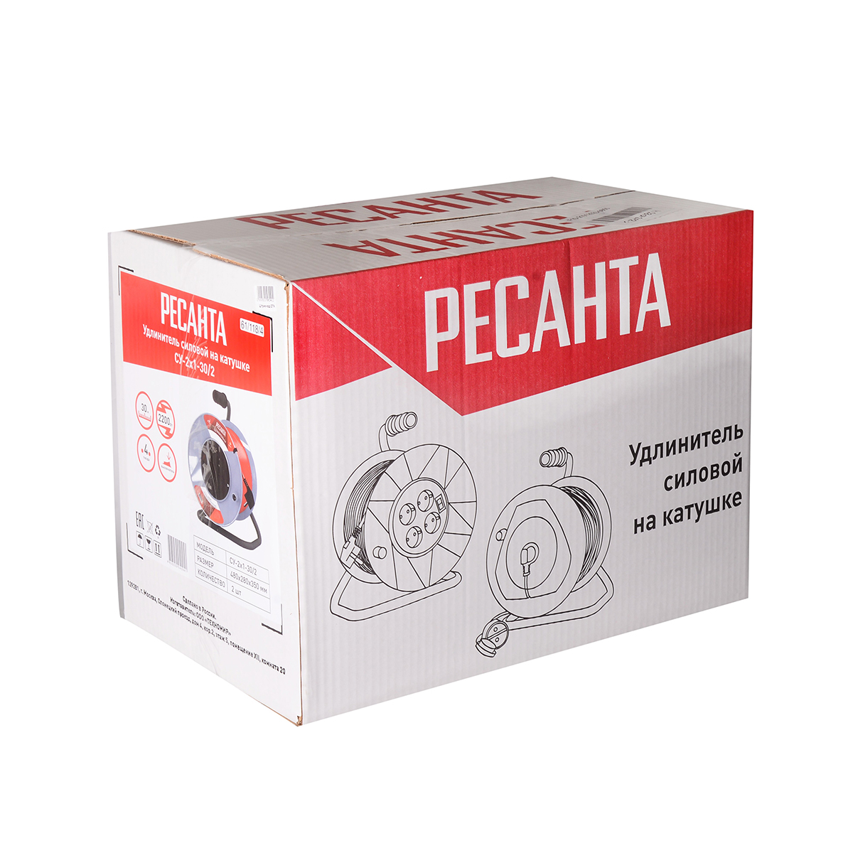 Удлинитель на катушке су-2х1-30/2  4 розетки, 30 м 2*1 мм (1) "ресанта"