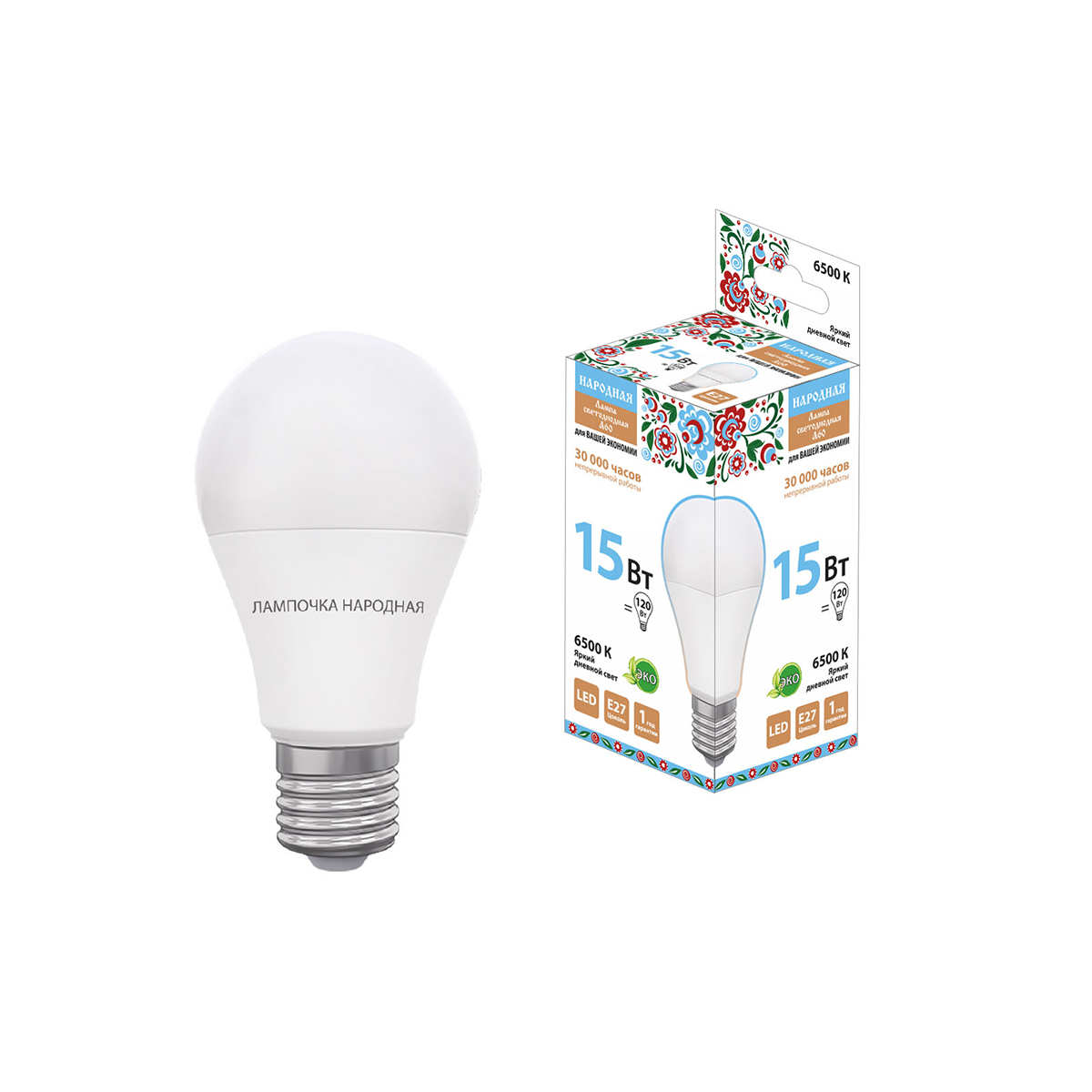 Лампа светодиодная a60 груша 15w 6500 к е27 дневной свет (10/100) народная sq0340-1516