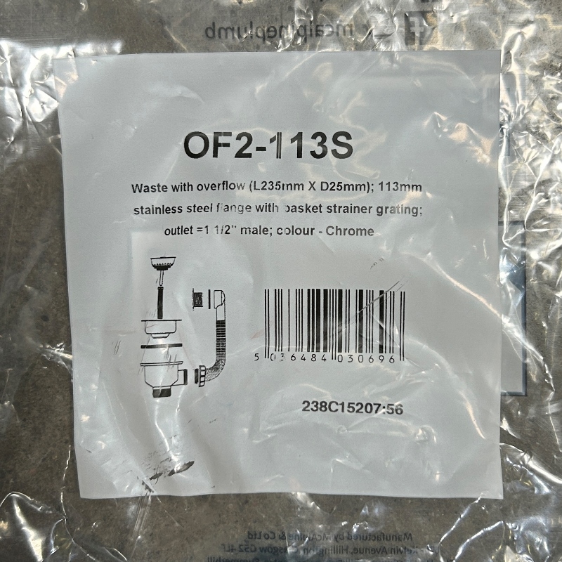 Слив-перелив McALPINE для раковины L=235 х 25 мм, 113 мм реш. (металл), выход 1 1/2", хром