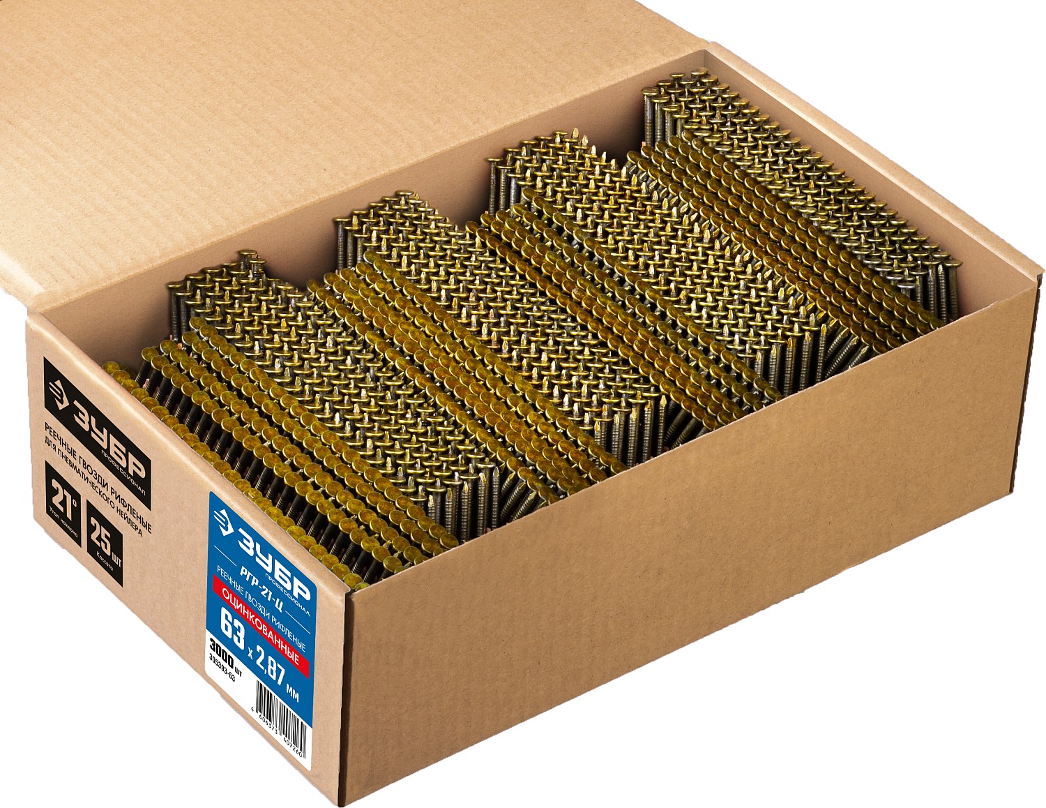 ЗУБР SN21 63 х 2.87 мм, реечные гвозди рифленые оцинкованные, 3000 шт (305393-63)