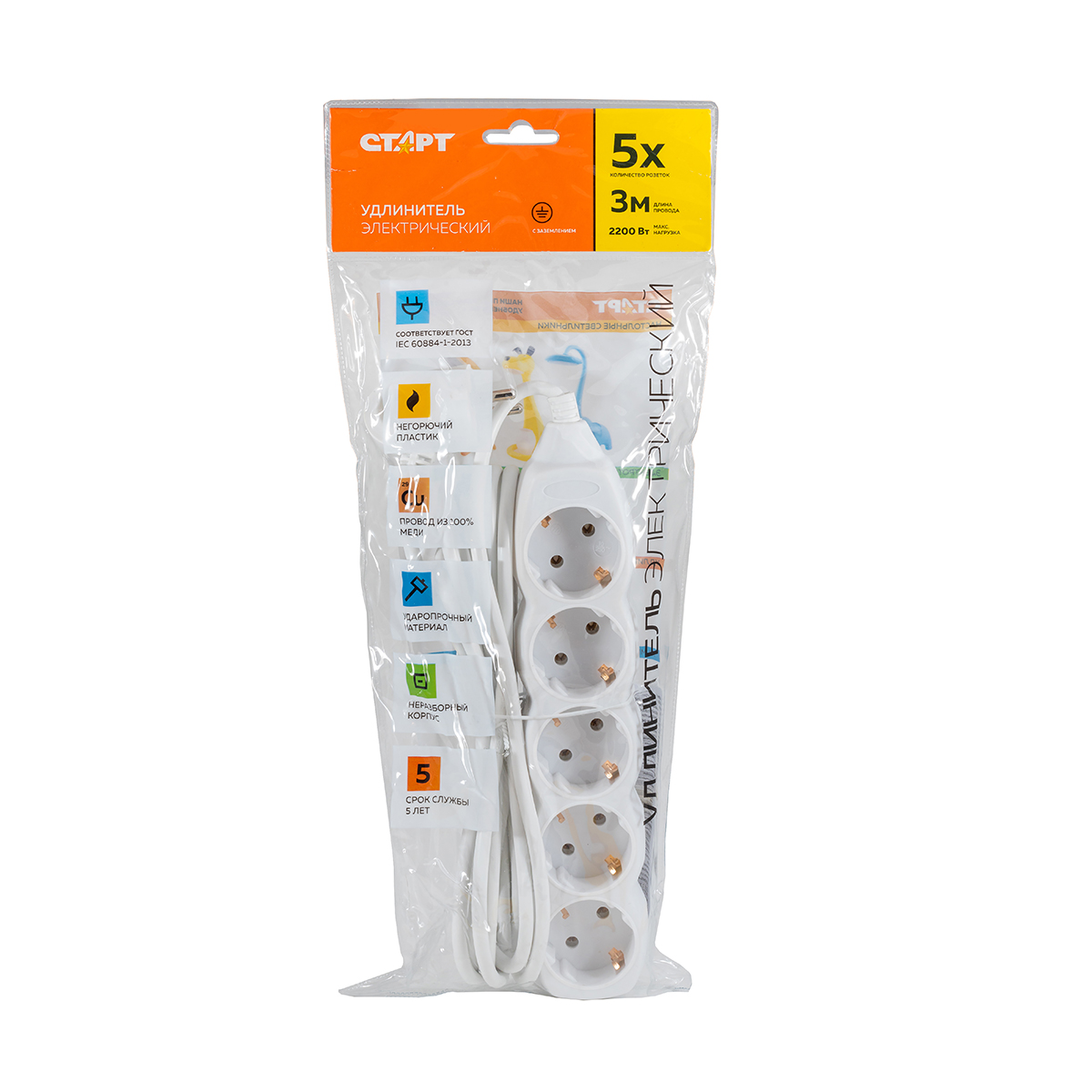 Удлинитель с заземл. 3 м 5 розеток с/у s 5x3-z (1/20) "старт"