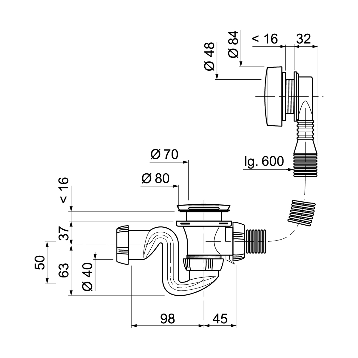 Сифон для ванн sb600 с полуавтомат. сливом и переливом 600 мм латунный (хром) (1/25) "wirquin"