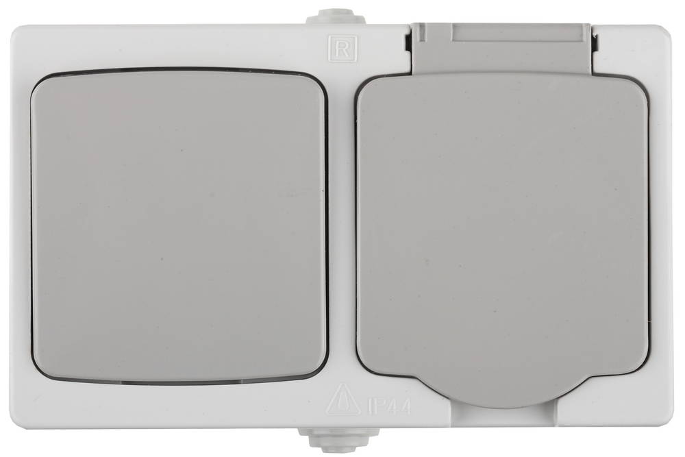 Комплект СВЕТОЗАР ″АВРОРА″ розетка с зазем. и защ. крышкой, 16А/~250В, выкл. одноклав. IP44, цвет серо-белый, 10А/~250В