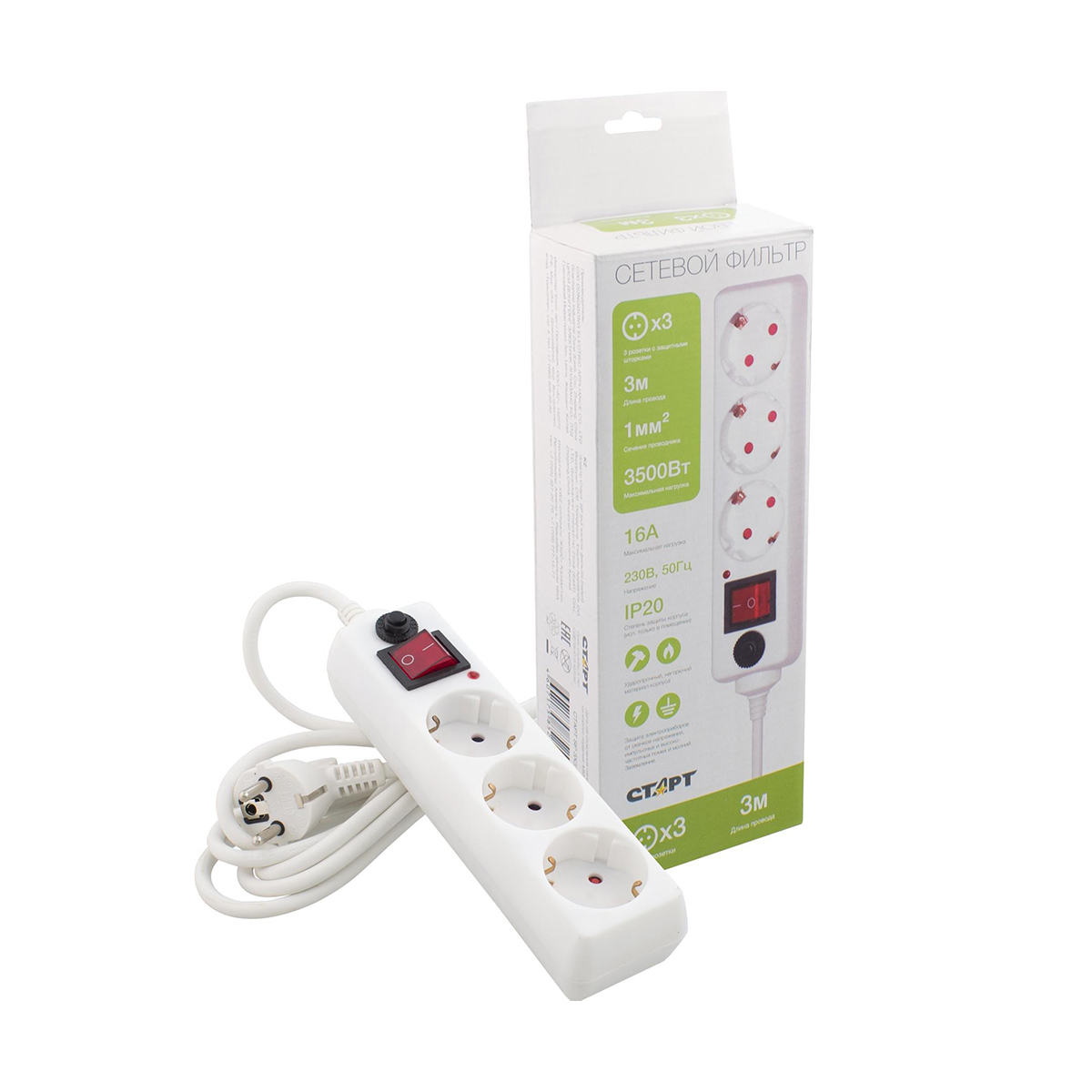 Фильтр сетевой с заземл. и выключ. 3 м 3 розетки с/уд-ф sp 3x3 (1/20) "старт"