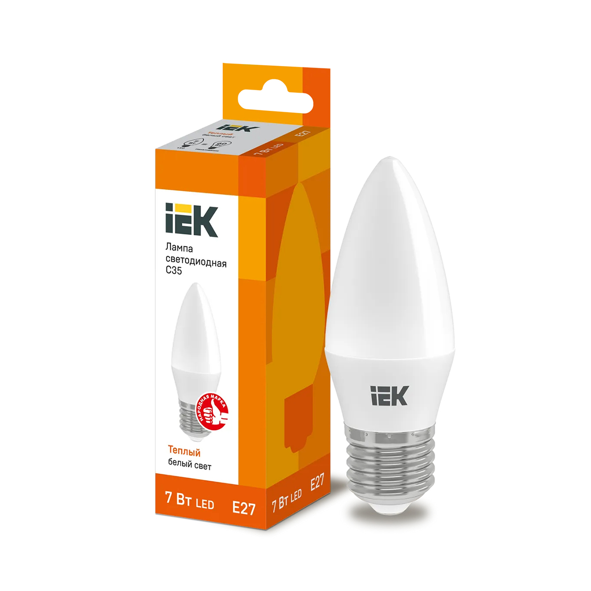 Лампа светодиодная (led) "iek" c35 свеча 07w 3000 к e27, тепл. свет (10/100)