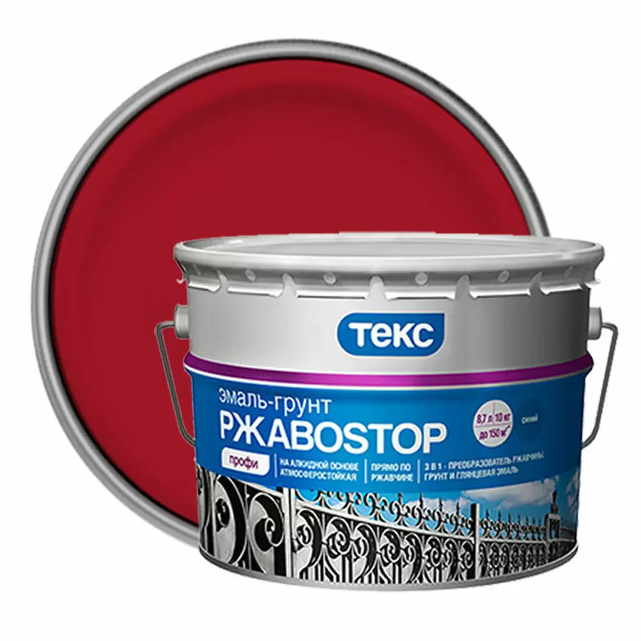 ТЕКС ПРОФИ РЖАВОSTOP грунт эмаль прямо по ржавчине 3 в 1, красный RAL 3000 (10кг)