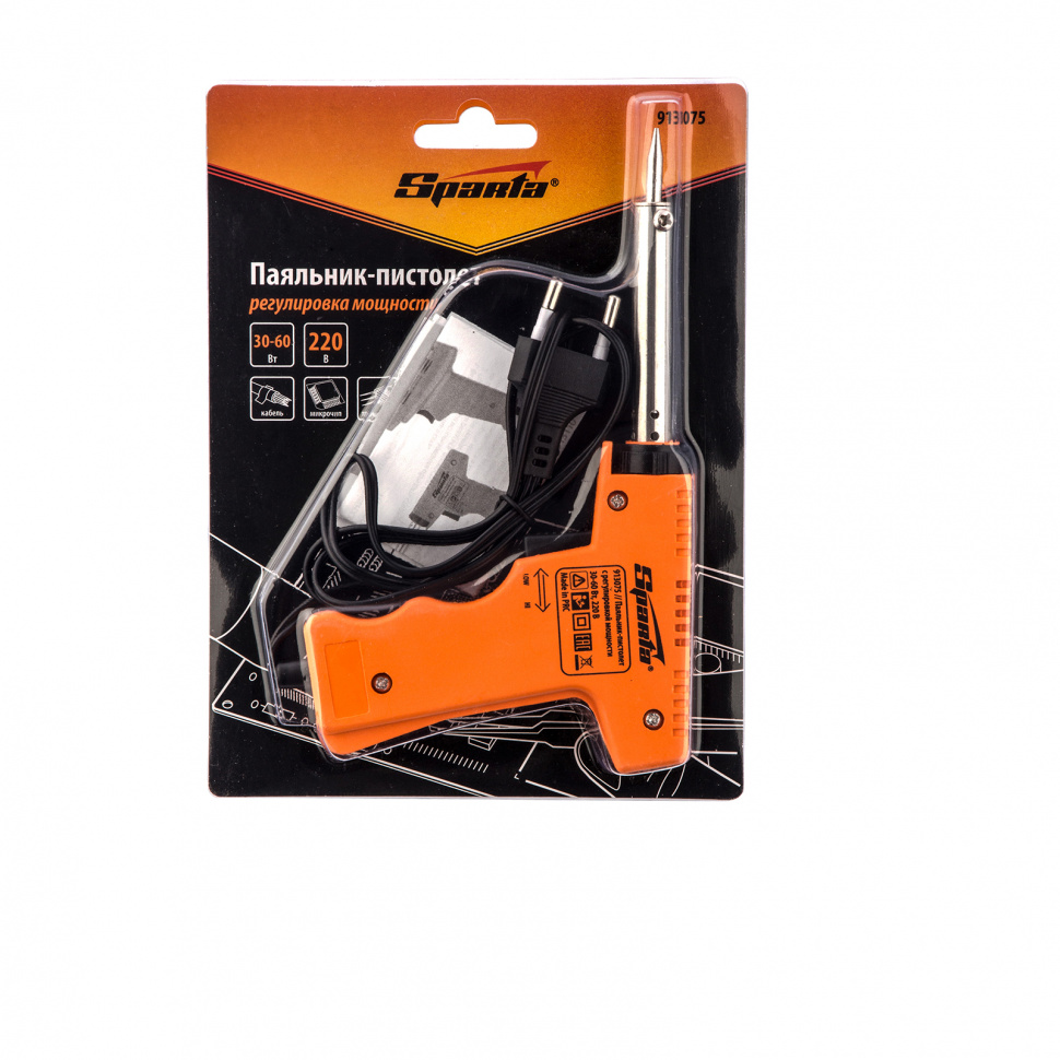 Паяльник-пистолет с регулировкой мощности 30-60 Вт, 220 В Sparta (913075)