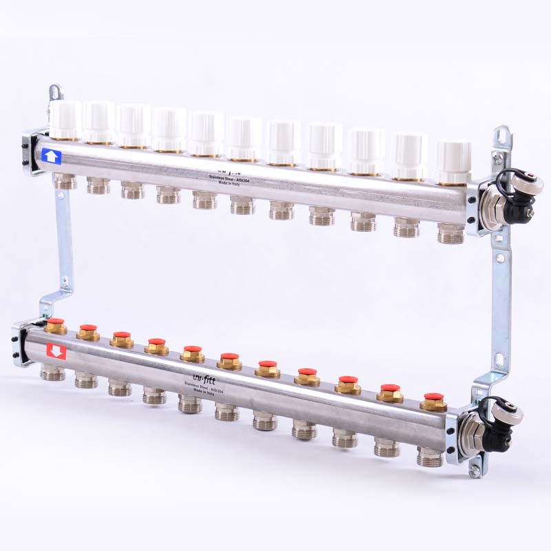 Колл. группа UNI-FITT 1"x3/4" ЕК 11 выходов с вентилями и дренажными клапанами - нерж.сталь