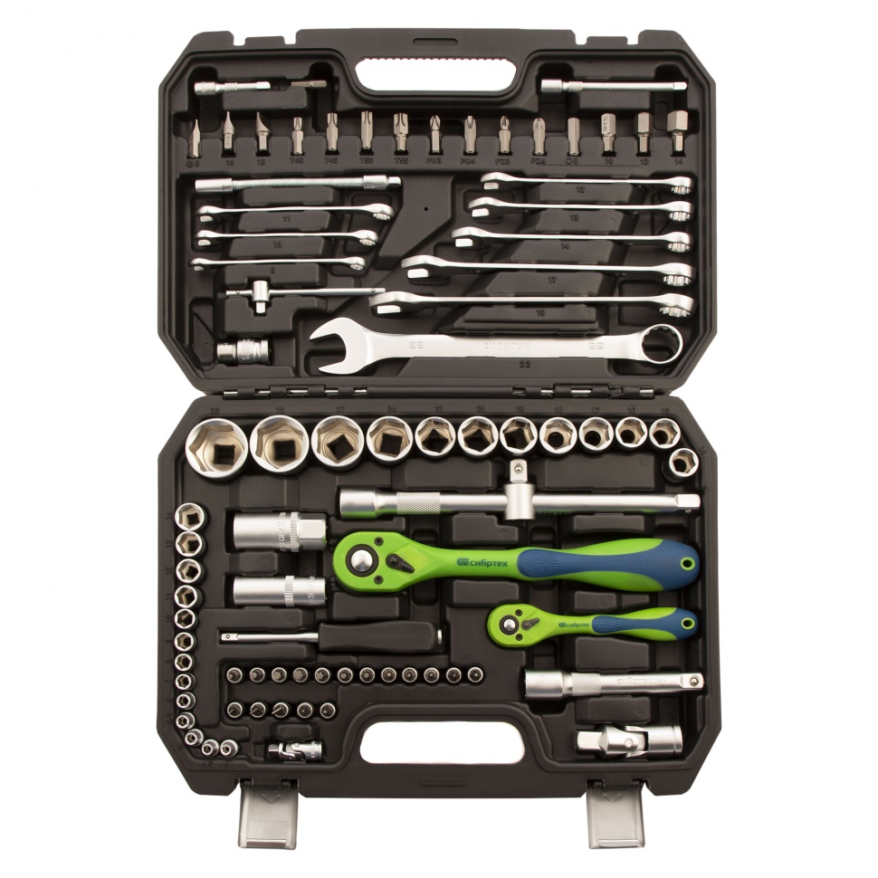 Набор инструментов 82 предмета, CrV, 1/2", 1/4" Сибртех (13514)