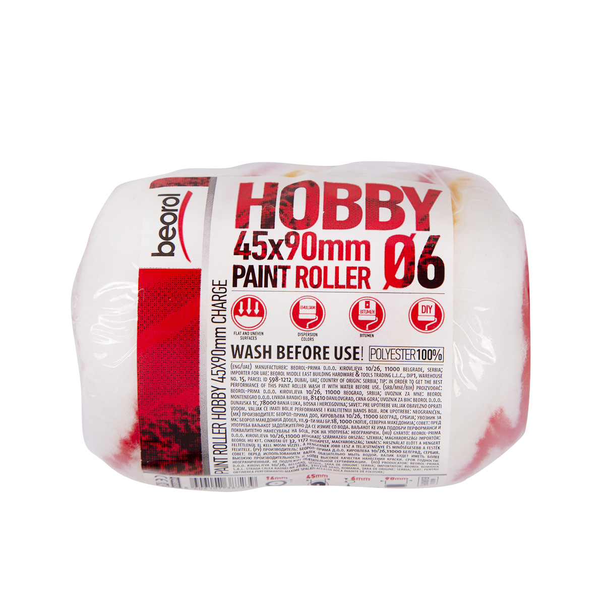 Мини-валик запасной полиэстер  "hobby"  d45/90 мм (ворс 16 мм) бюгель 6 мм (1/50)  "beorol"