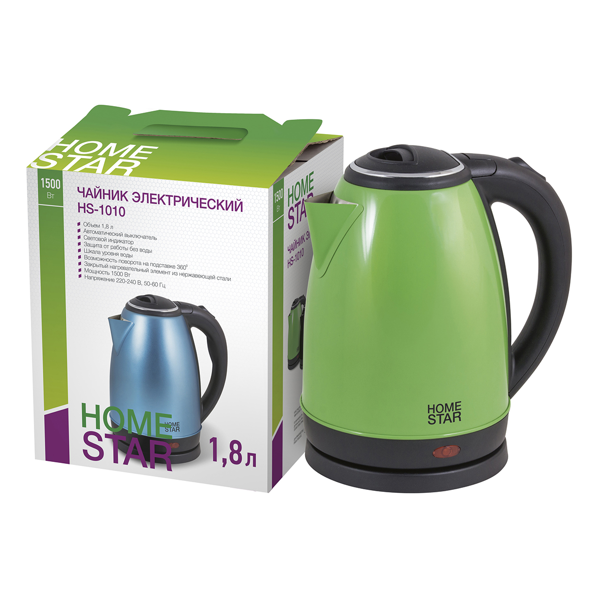 Чайник электр. "homestar" hs-1010  1,8 л (1/12) сталь (зеленый)