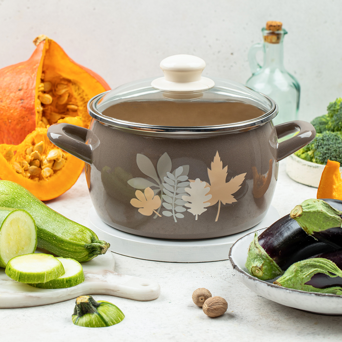 Кастрюля эмалиров. "осенняя соната" 5,7 л, 22 см стекл. крышка (1/4) "metrot"