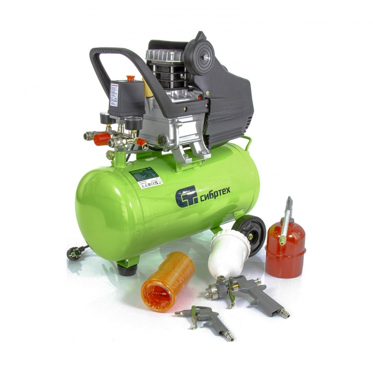 Компрессор с набором КК-1500/24 ПЛЮС, 1.5 кВт, 198 л/мин, 24 л, прямой привод, масляный Сибртех (58038)