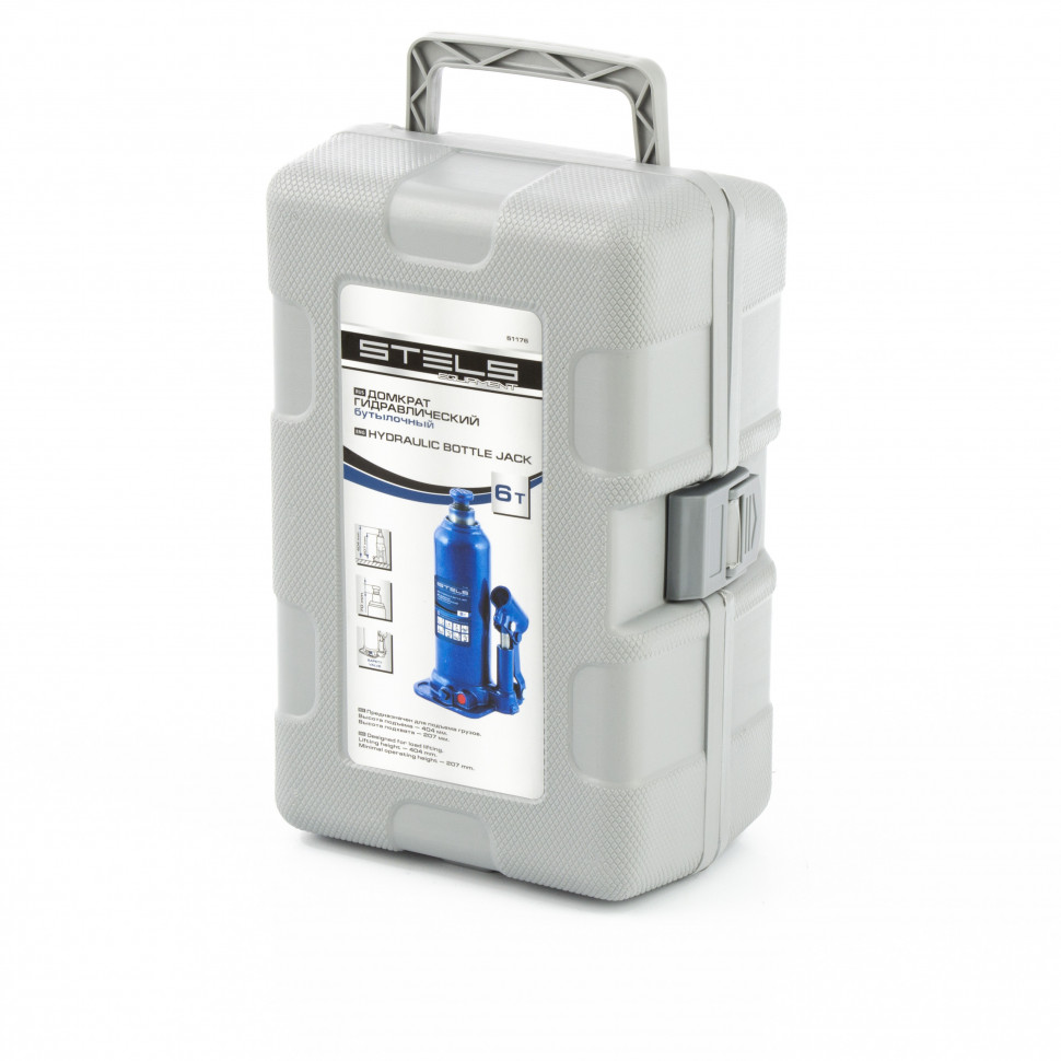 Домкрат гидравлический бутылочный, 6 т, h подъема 207-404 мм, в пластиковом кейсе Stels (51176)