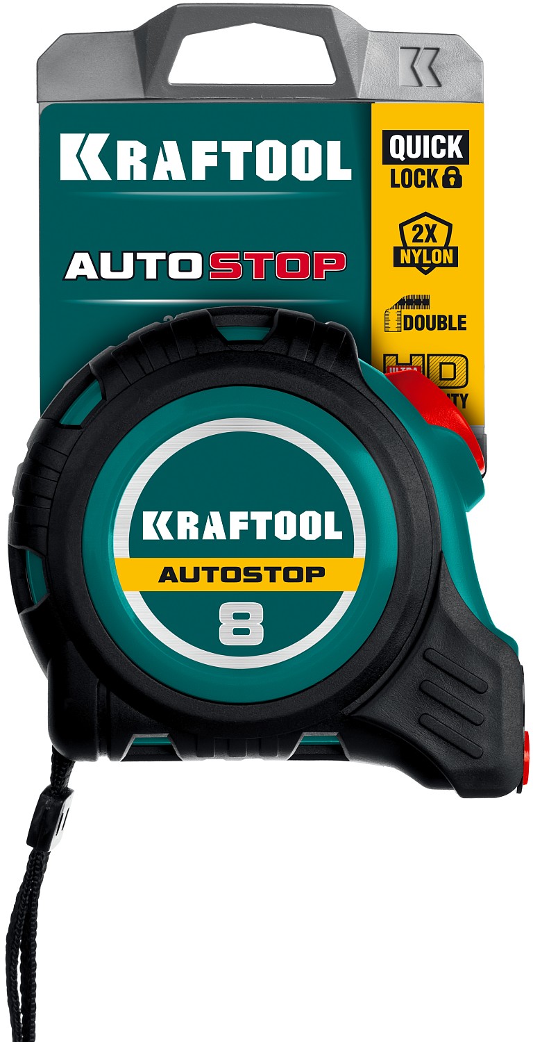 KRAFTOOL AutoStop, 8 м х 25 мм, профессиональная рулетка с автостопом (3412-8-25)