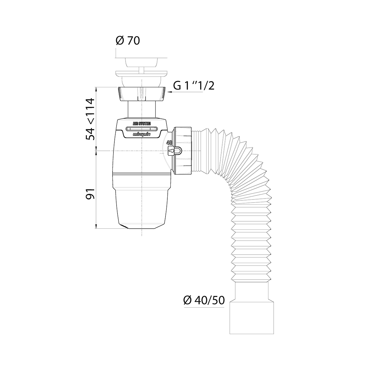Сифон "neo air" с выпуском 1 1/2" х 40 мм и гофротрубой 800 мм, 40х40/50 мм (1/35) "wirquin"