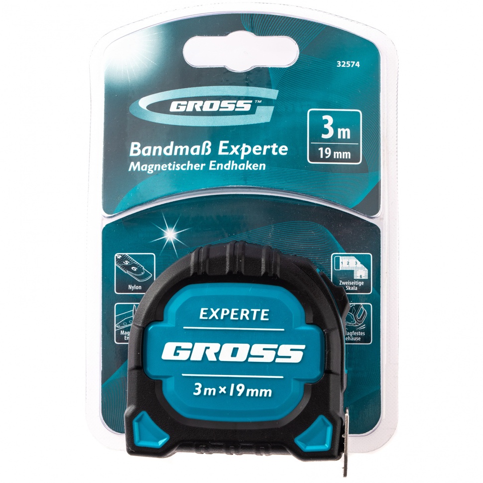 Рулетка Experte, 3 м x 19 мм, двухкомпонентный корпус, магнит, двухсторонняя разметка, нейлон Gross (32574)