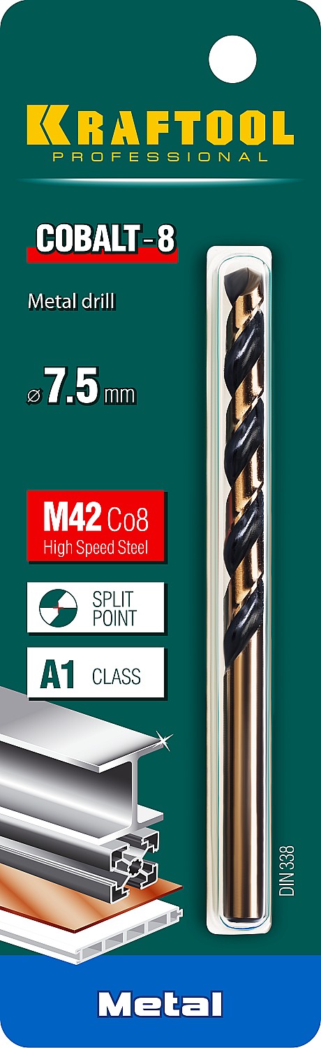 KRAFTOOL Cobalt, 7.5 х 109 мм, сталь М42, HSS-Co(8%), сверло по металлу (29656-7.5)