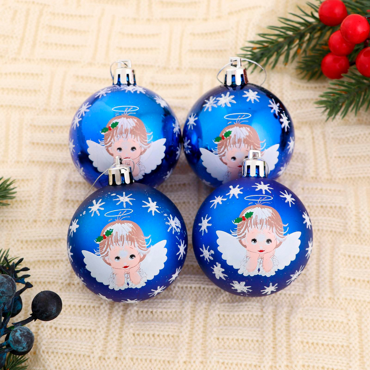 Шары новогодние d-6 см (набор 8 шт.) "ангелочек" синий "зимнее волшебство" 4941852