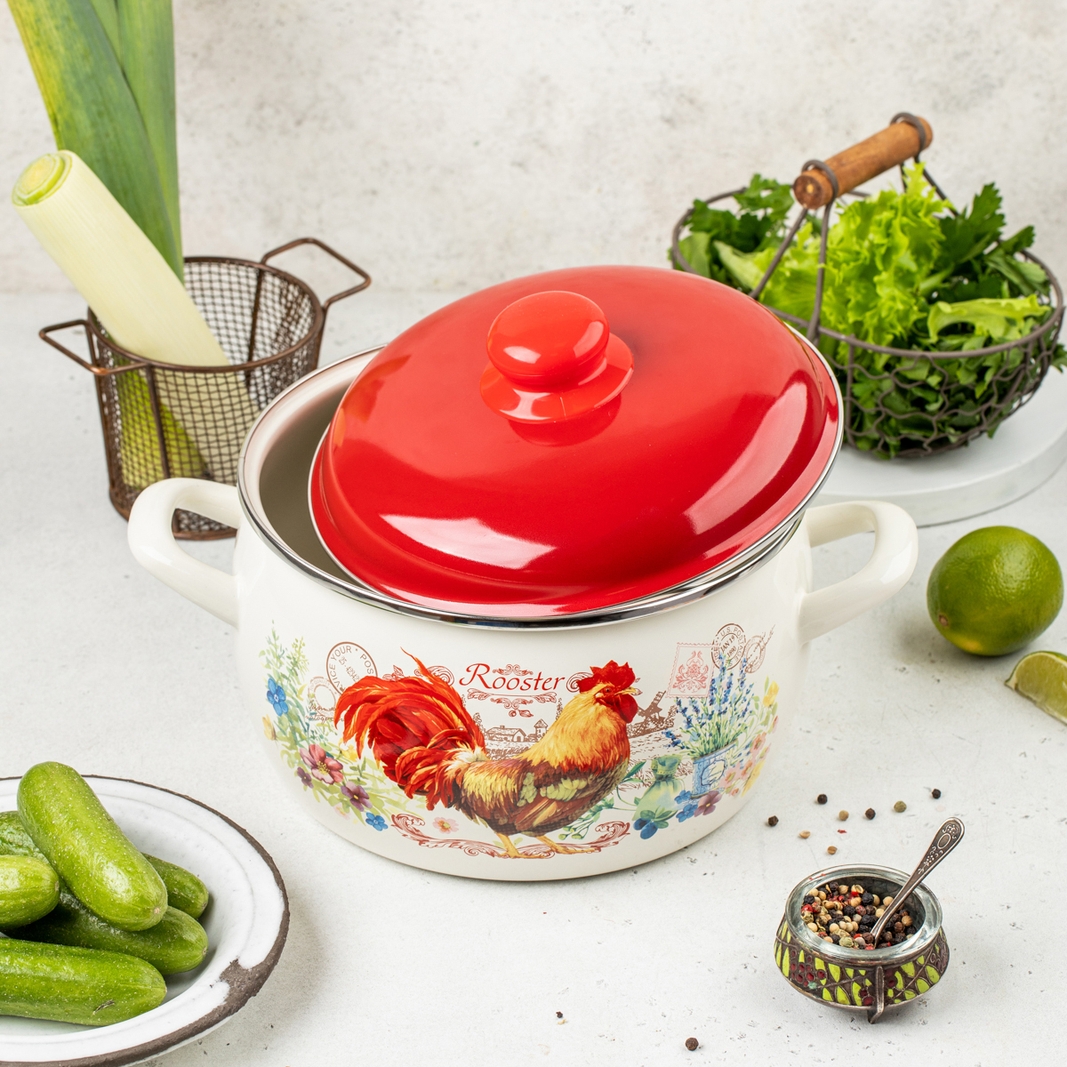 Кастрюля эмалиров. "золотой петушок" 4 л, 20 см металл. крышка (1/4) "metrot"