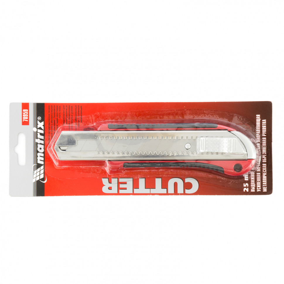 Нож, 25 мм, выдвижное лезвие, усиленная металлическая направляющая, металлическая обрезиненная рукоятка Matrix (78959)
