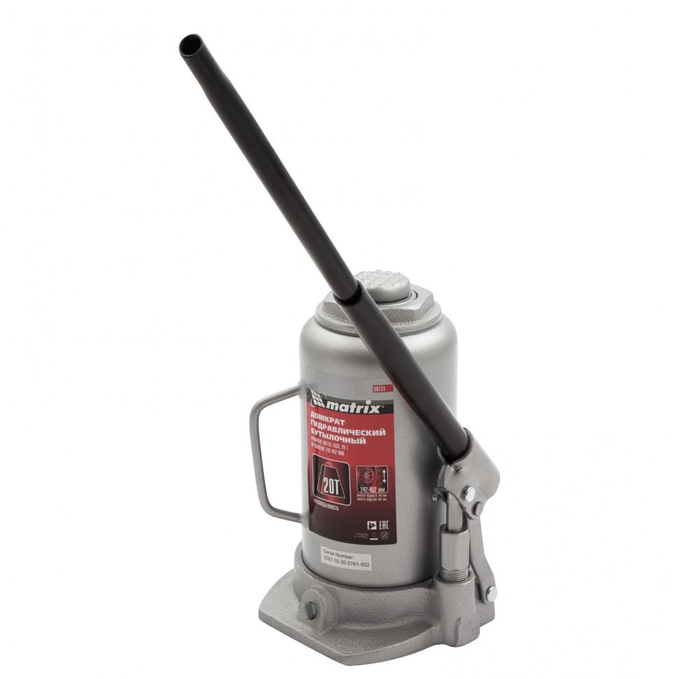 Домкрат гидравлический бутылочный, 20 т, высота подъема 242-452 мм Matrix (50731)