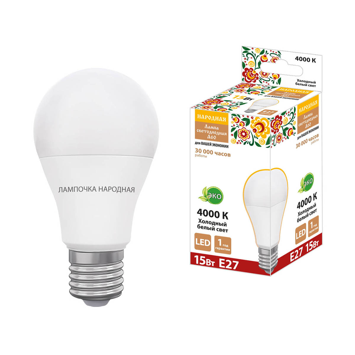 Лампа светодиодная a60 груша 15w 4000 к е27 холодн. свет (60 х 118 мм)(10/100) народная sq0340-1633
