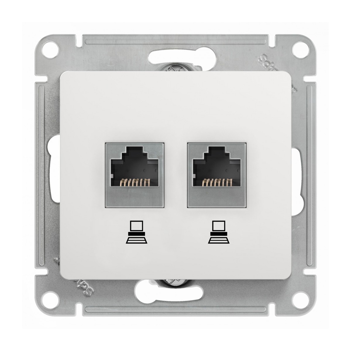 Розетка компьютерная "glossa" 2-х местн. rj45+rj45 (механизм) белый (1/10/160) "schneider"