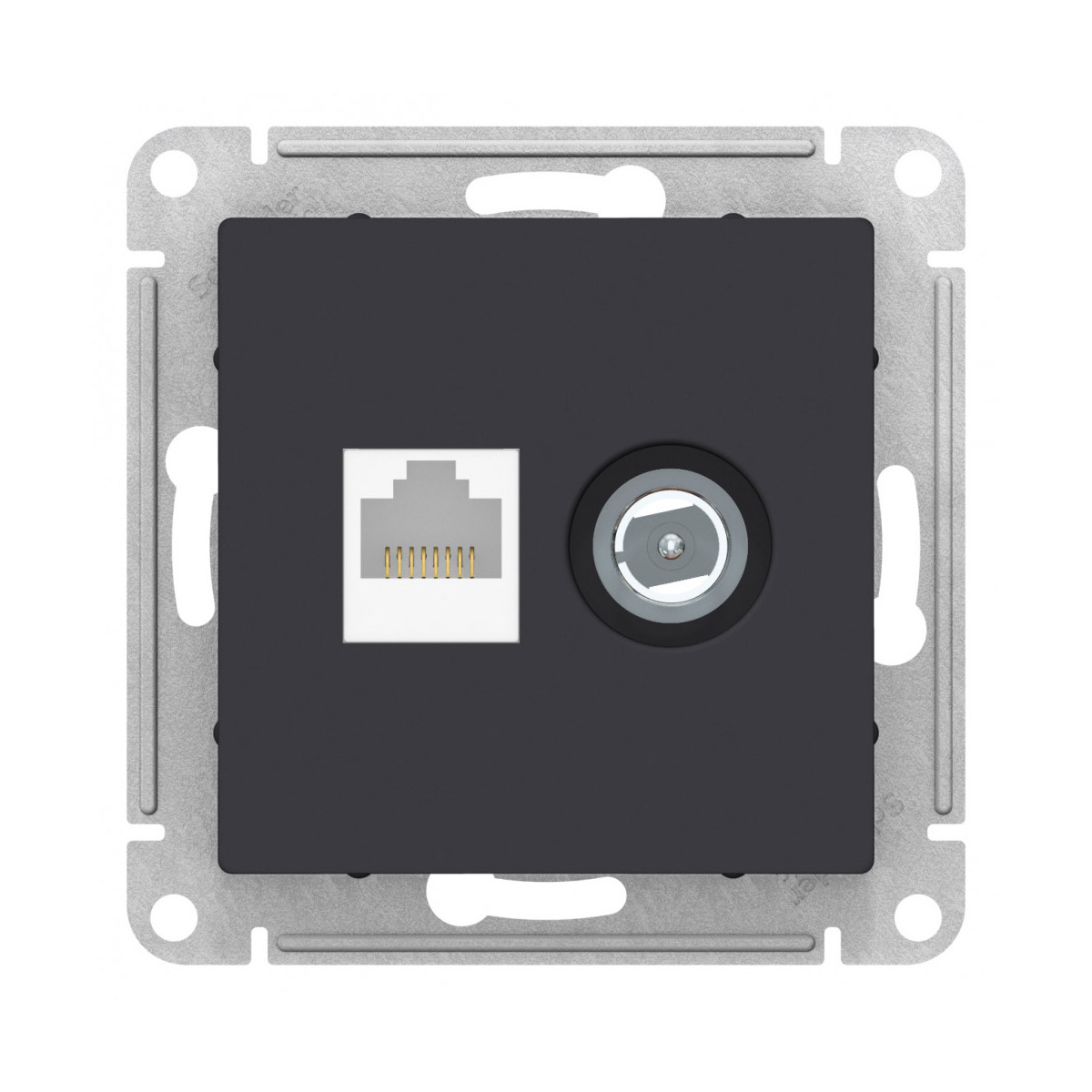 Розетка компьютерная и телевизионная "atlasdesign" tv+rj45 (механизм) карбон (1/5/20) "schneider"