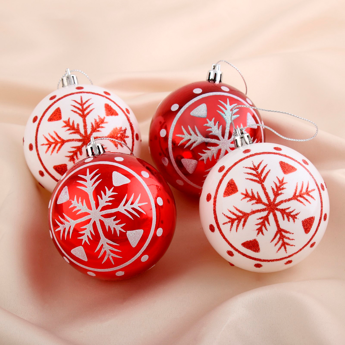 Шары новогодние d-8 см (набор 4 шт.) "снежинка" красно-белый "зимнее волшебство" 4192483
