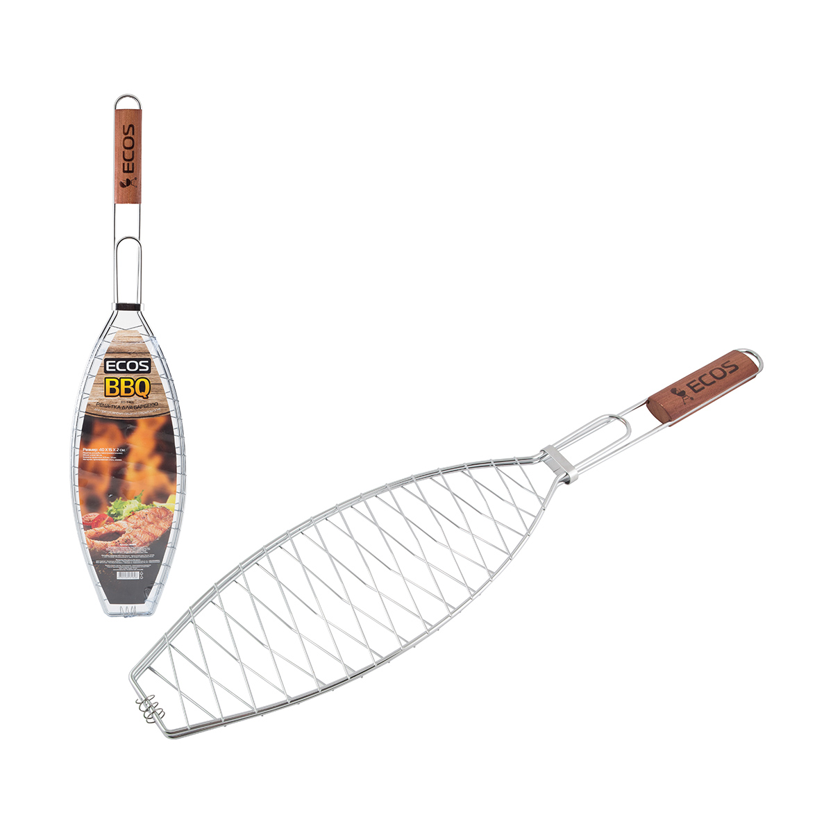 Решетка-гриль для рыбы 40*15*2 см, хром, дерев. ручка (1/6/24) "ecos" rd-114d
