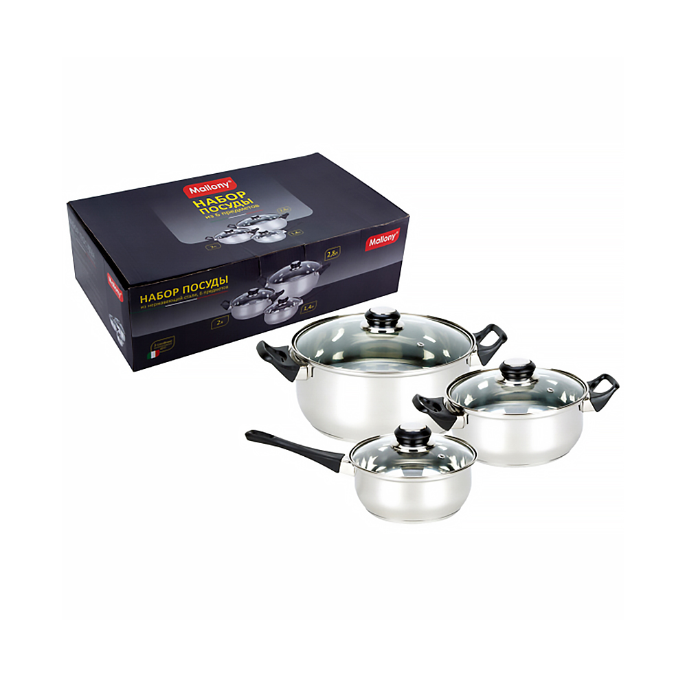Набор посуды нержав. 6 предметов (2 кастр.+ ковш + стекл.крышки) (1/4) "mallony" bask-set-6