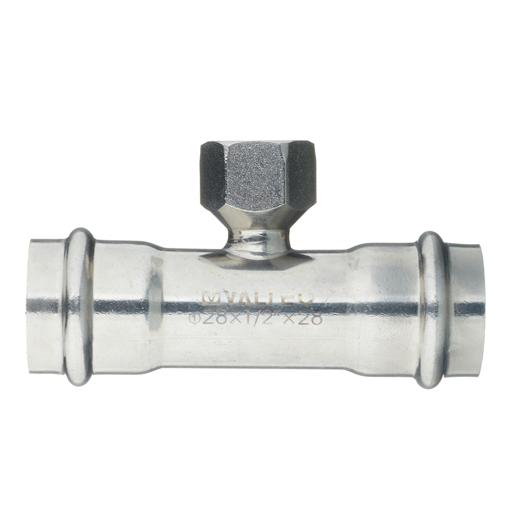 Тройник В-пресс 28 x 1/2" x 28 нержавеющая сталь VALTEC