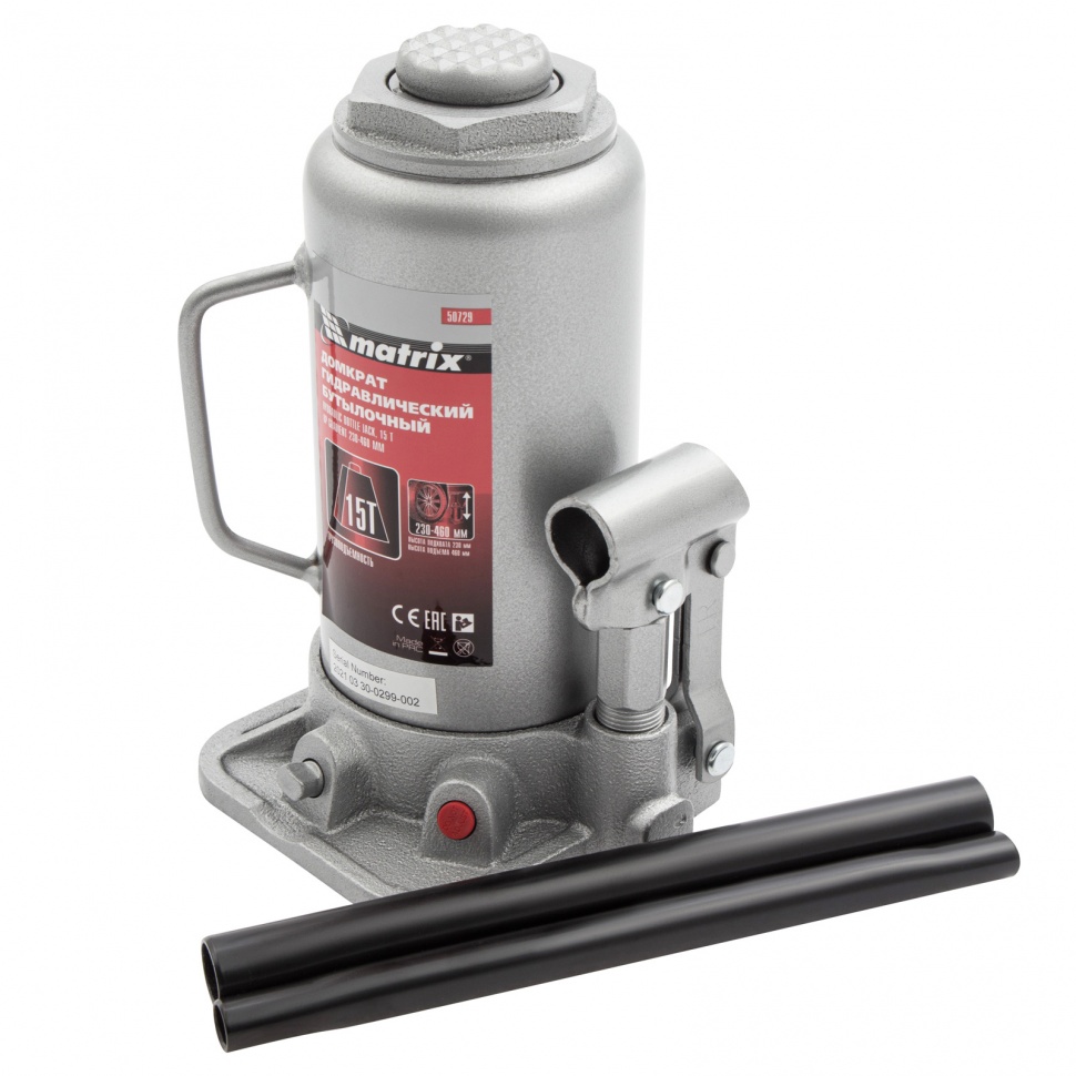 Домкрат гидравлический бутылочный, 15 т, высота подъема 230-460 мм Matrix (50729)