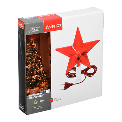 Верхушка на елку "звезда" 15*15 см красная, зеленый провод 3 м (1/20) "vegas"