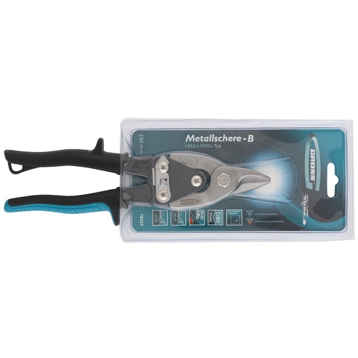 Ножницы по металлу "Piranha", 230 мм, прямой усиленный рез (Bulldog), сталь СrMo, двухкомпонентная рукоятка-ки Gross (78327)