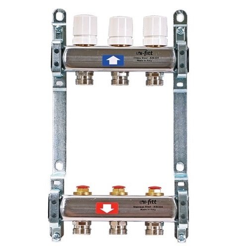 Колл. группа на 3 выхода UNI-FITT 1"x3/4" ЕК с рег. и термостатическими вентилями - нерж. сталь