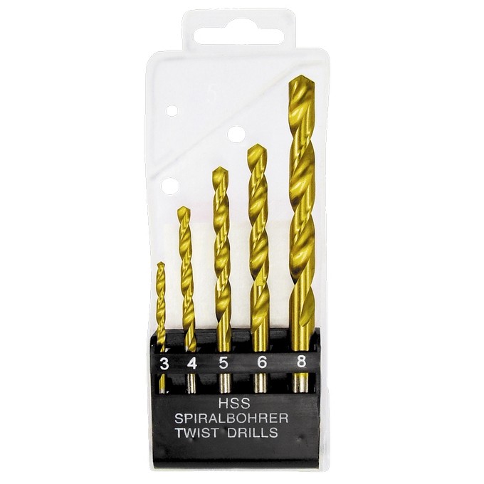 Набор нитридтитановых сверл по металлу, 3-4-5-6-8 мм, HSS, 5 шт, пластиковая коробка, цилиндрический хвостовик Matrix (72383)