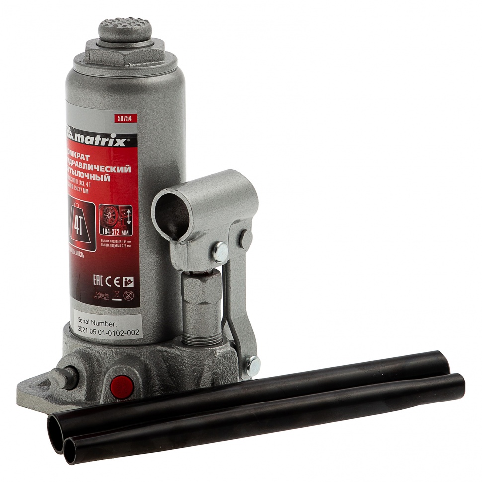 Домкрат гидравлический бутылочный, 4 т, высота подъема 194-372 мм, в пластиковый кейсе Matrix (50754)