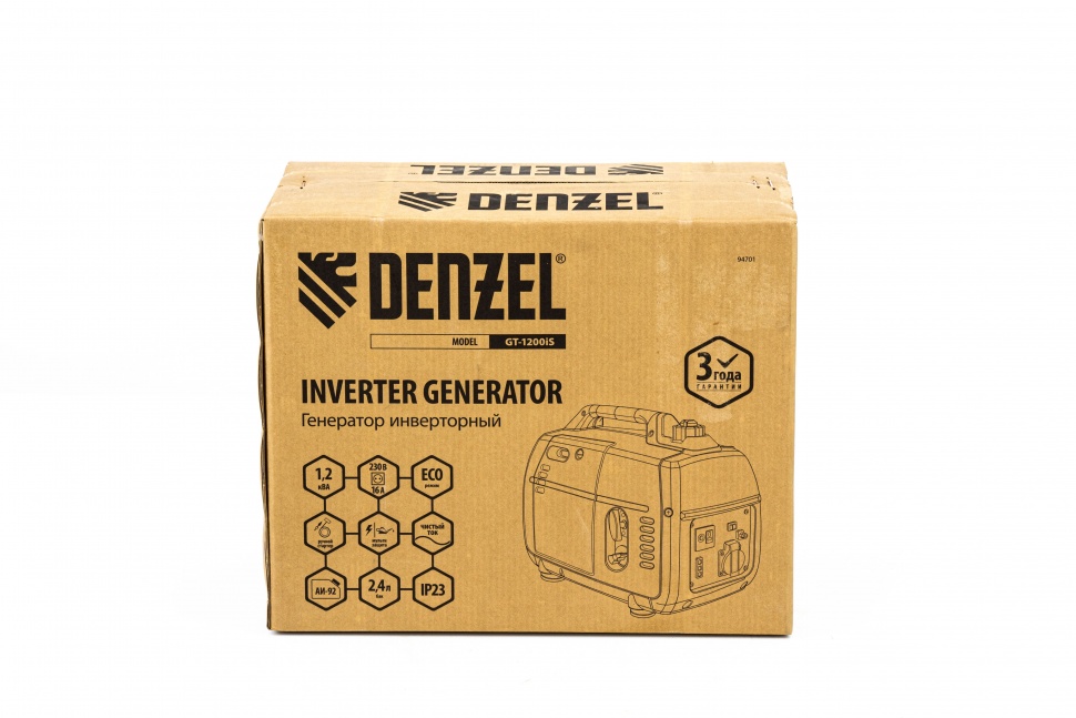 Генератор инверторный GT-1200iS, 1.2 кВт, 230 В, бак 2.4 л, закрытый корпус, ручной старт Denzel (94701)